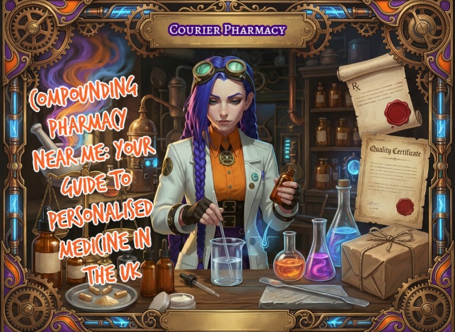 Dr Ada Jex Cori stands at the centre of a Victorian steampunk compounding collage with lab tools and apothecary bottles, created for courierpharmacy.co.uk.