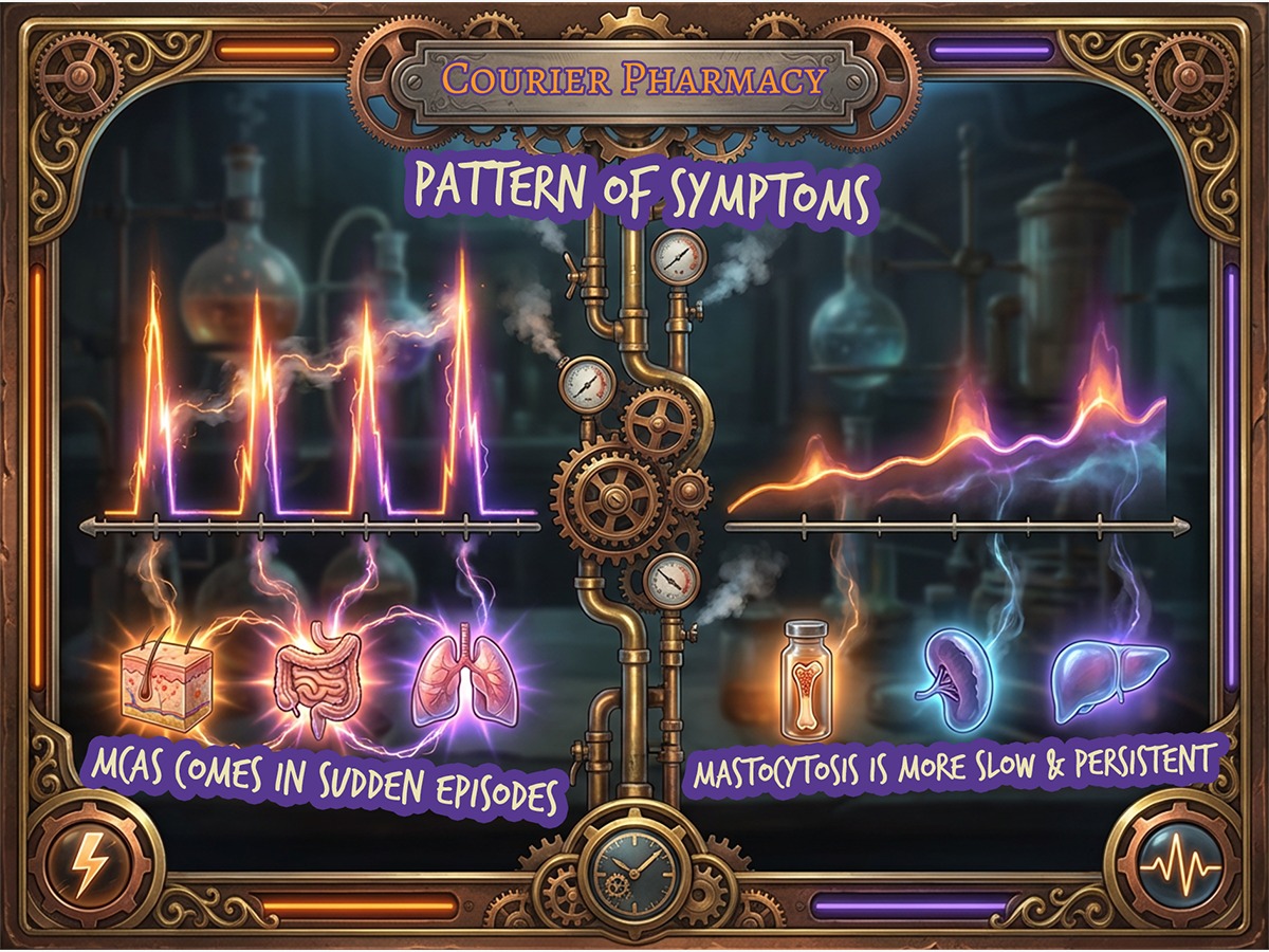 Courier Pharmacy infographic comparing the symptom patterns of MCAS (sudden episodes) versus mastocytosis (slow and persistent) using a steampunk graph display for courierpharmacy.co.uk.