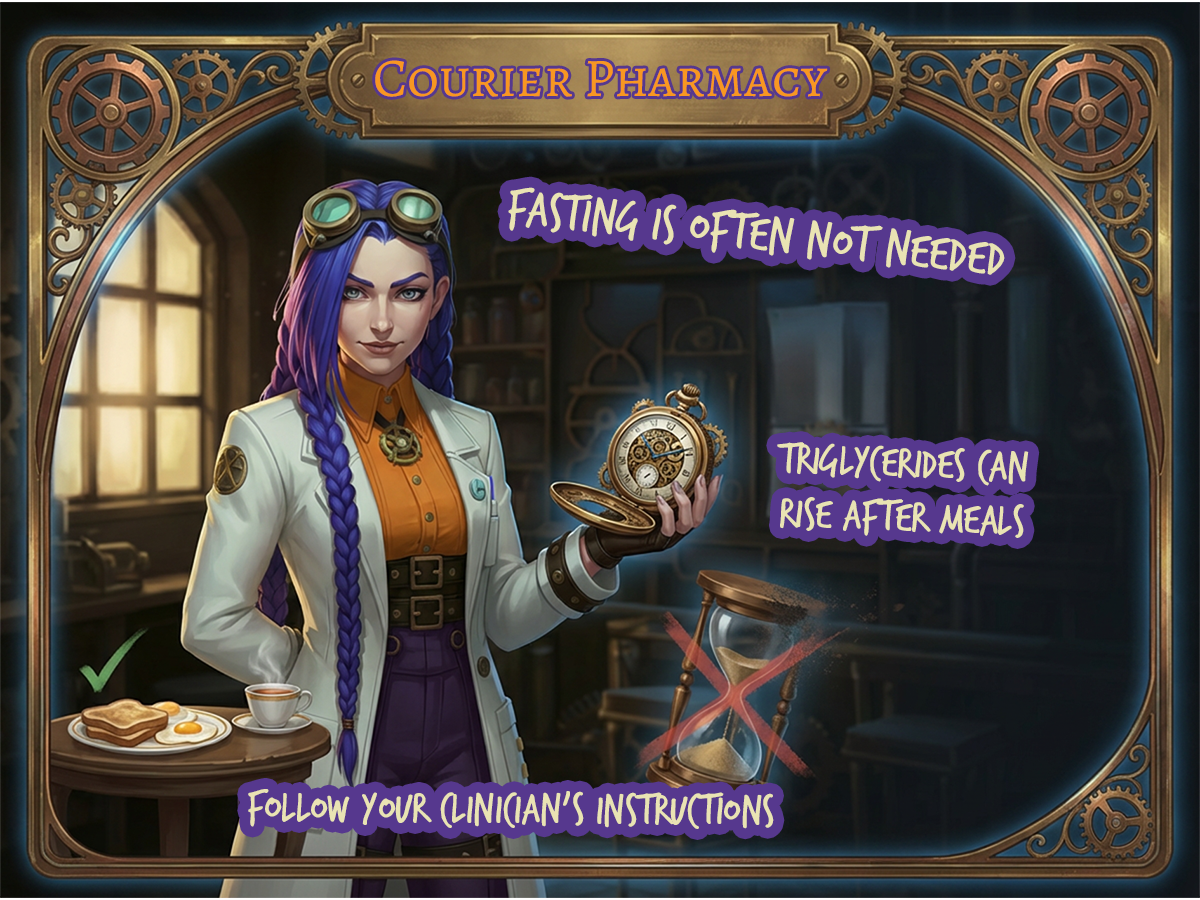 Fasting Not Needed for Cholesterol Test | Dr Ada Jex Cori at Courier Pharmacy Dr Ada Jex Cori from Courier Pharmacy holding a steampunk pocket watch, standing beside a breakfast table with a green checkmark, explaining that fasting is often not needed for cholesterol tests. Purple text highlights key points: triglycerides can rise after meals and you should follow your clinician's instructions. Ornate steampunk brass frame with gears and filigree.