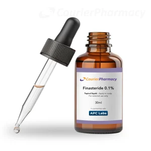 Finasteride 0.1% topical hair loss liquid 30ml bottle shown as a prescription male pattern hair loss treatment from courierpharmacy.co.uk