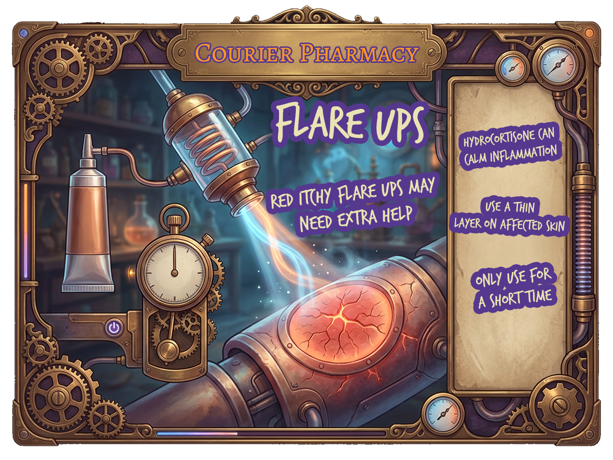 Steampunk infographic showing an inflamed skin patch cooling down with a plain cream tube and timer to explain short-term steroid use for dermatitis at courierpharmacy.co.uk