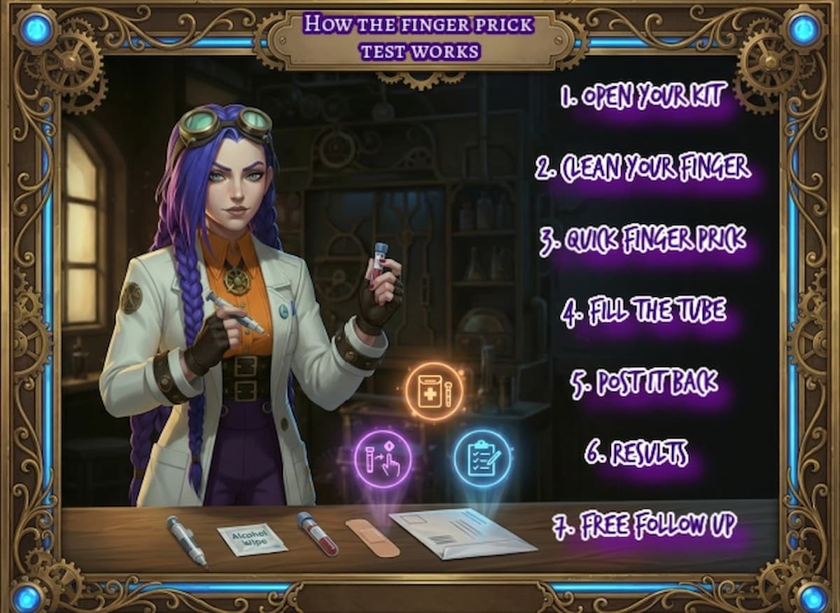 Dr Ada Jex Cori demonstrating a finger-prick home blood test kit in a steampunk lab for courierpharmacy.co.uk, with kit items laid out and glowing step icons.