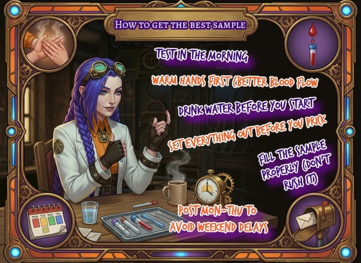 Dr Ada Jex Cori demonstrates calm finger-prick prep tips for the Male hormone health check at courierpharmacy.co.uk.