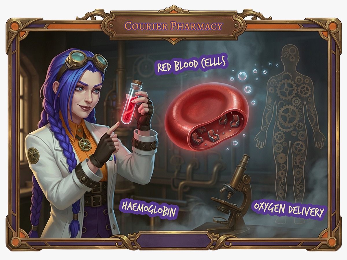 Dr Ada Jex Cori explains red blood cells, haemoglobin, and oxygen delivery in a Courier Pharmacy infographic for courierpharmacy.co.uk.