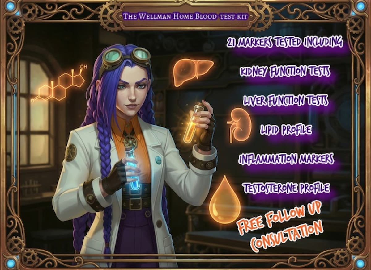 Dr Ada Jex Cori in a steampunk lab infographic showing the Wellman Home Blood Test Kit marker groups for courierpharmacy.co.uk, including liver, kidney, lipids, inflammation, and testosterone.