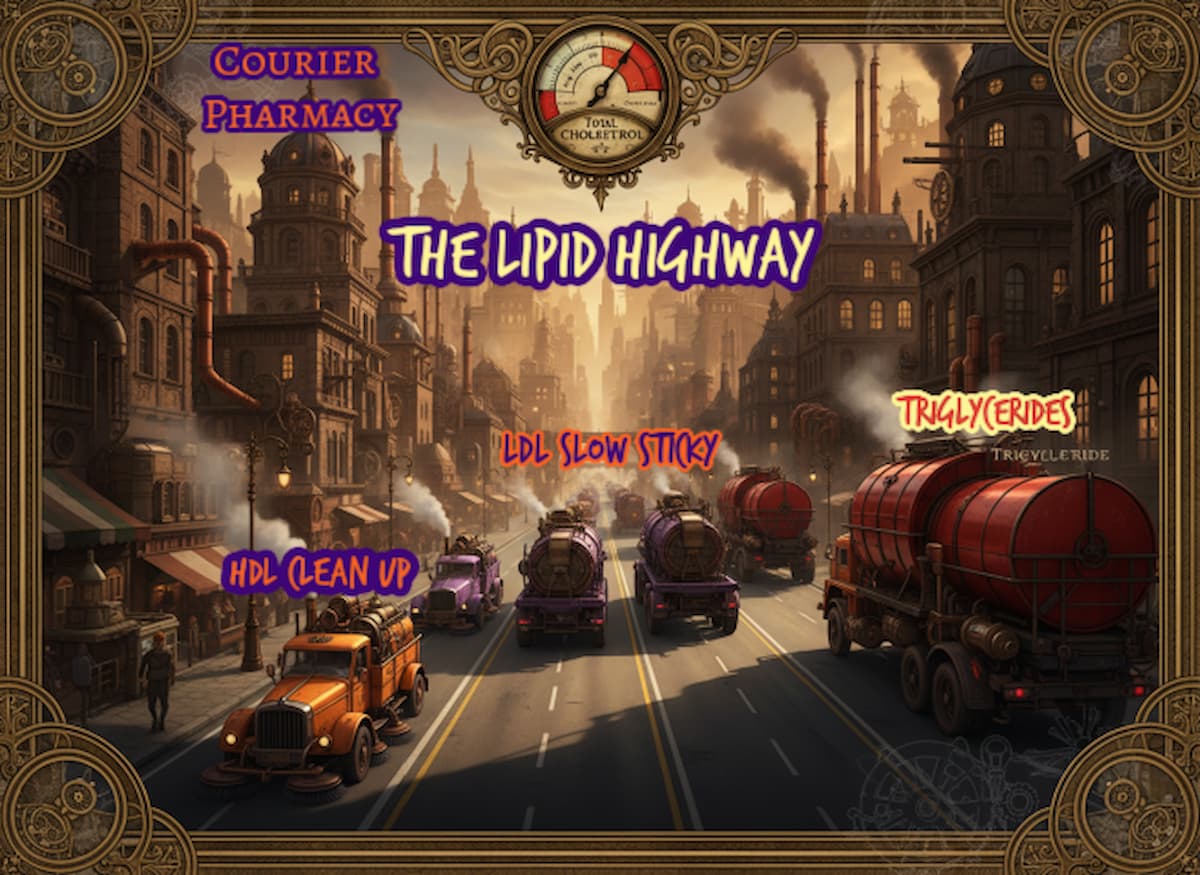courierpharmacy.co.uk steampunk infographic titled “The Lipid Highway” showing a busy city road with colour-coded vehicles: an orange HDL clean-up street sweeper coming towards the viewer, purple LDL “slow, sticky” trucks driving away, and a large red triglycerides lorry driving away. Includes a total cholesterol gauge at the top and an ornate brass gear frame.