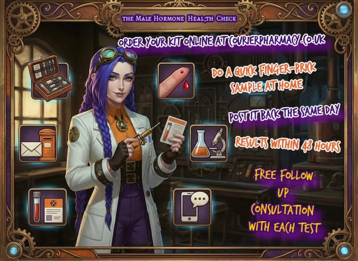 Dr Ada Jex Cori in her steampunk lab showing a finger-prick kit workflow for the Male hormone health check at courierpharmacy.co.uk.