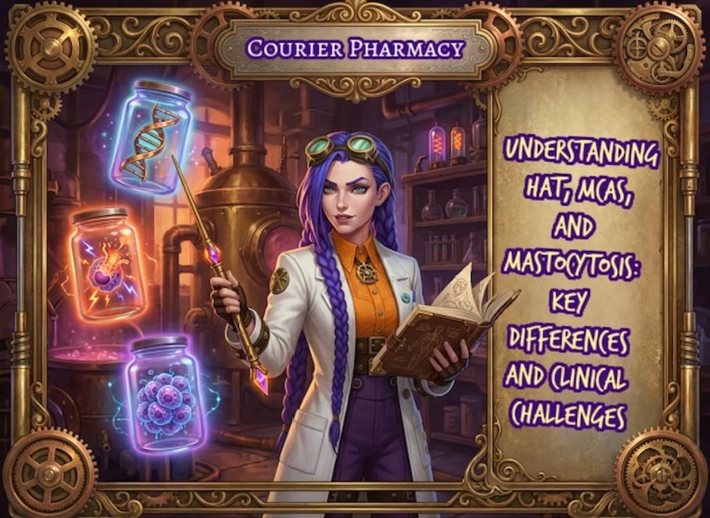 Dr Ada Jex Cori presents a visual comparison of three mast cell conditions—hereditary alpha-tryptasemia (HAT), mast cell activation syndrome (MCAS), and systemic mastocytosis—using symbolic specimen jars and diagnostic emblems in a steampunk laboratory setting for courierpharmacy.co.uk.