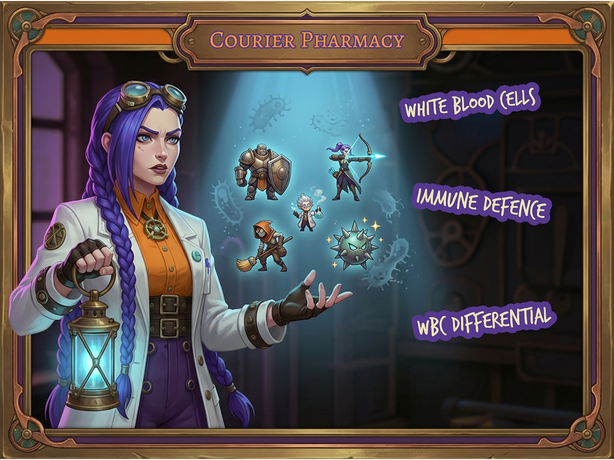 Dr Ada Jex Cori explains white blood cells (WBCs) and immune defence in a Courier Pharmacy infographic for courierpharmacy.co.uk.