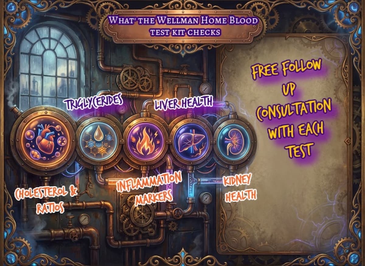 Steampunk laboratory wall with five glowing icon panels for key blood test areas (lipids, blood sugar, inflammation, liver, kidney) created for courierpharmacy.co.uk.