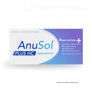 Anusol Plus HC suppositories box showing 4-way action and added hydrocortisone, piles treatment image for courierpharmacy.co.uk