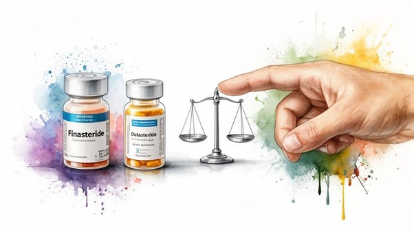 Illustration comparing finasteride vs dutasteride bottles with balance scales, hair loss treatment comparison image for courierpharmacy.co.uk