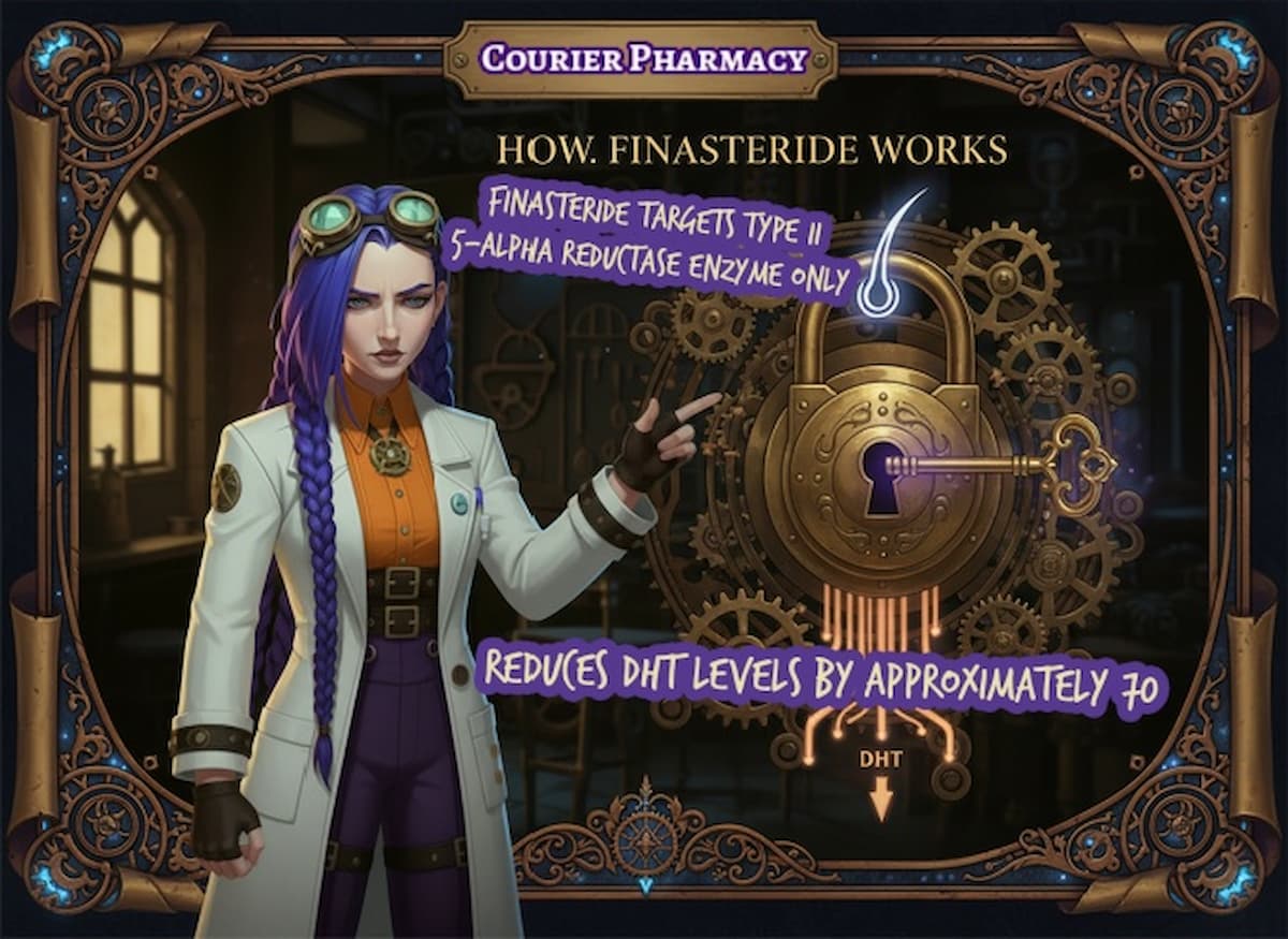 Dr Ada Jex Cori, pharmacist at Courier Pharmacy, points authoritatively at a steampunk mechanism showing a single brass padlock (representing the Type II enzyme) with an elegant brass key entering it and glowing with purple light, illustrating how finasteride blocks DHT production at courierpharmacy.co.uk.