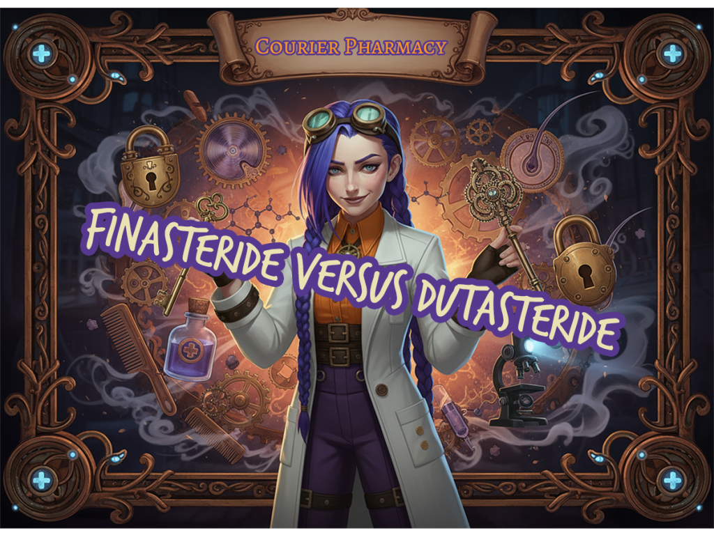 Dr Ada Jex Cori, the brand ambassador for Courier Pharmacy, stands confidently holding two keys—a single elegant key representing finasteride and an ornate master key representing dutasteride—surrounded by steampunk medical imagery including gears, padlocks, hair follicles, apothecary bottles, and a microscope, symbolising the choice between two hair loss treatments at courierpharmacy.co.uk.