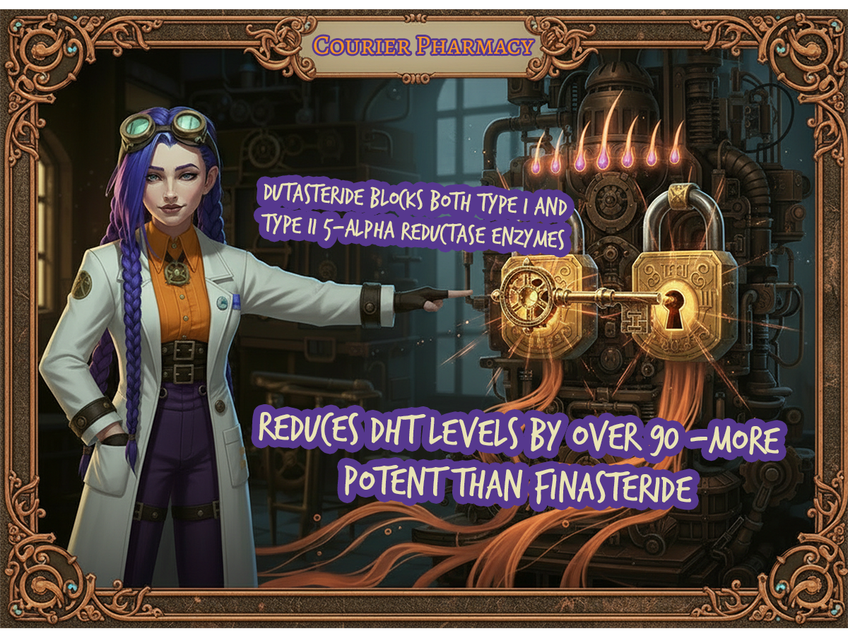 Dr Ada Jex Cori, brand ambassador for Courier Pharmacy, displays commanding authority whilst pointing at a complex steampunk mechanism featuring two brass padlocks (Type I and Type II enzymes) with an ornate master key entering both simultaneously, glowing brightly with orange and purple light, demonstrating dutasteride's superior dual-blocking power at courierpharmacy.co.uk.
