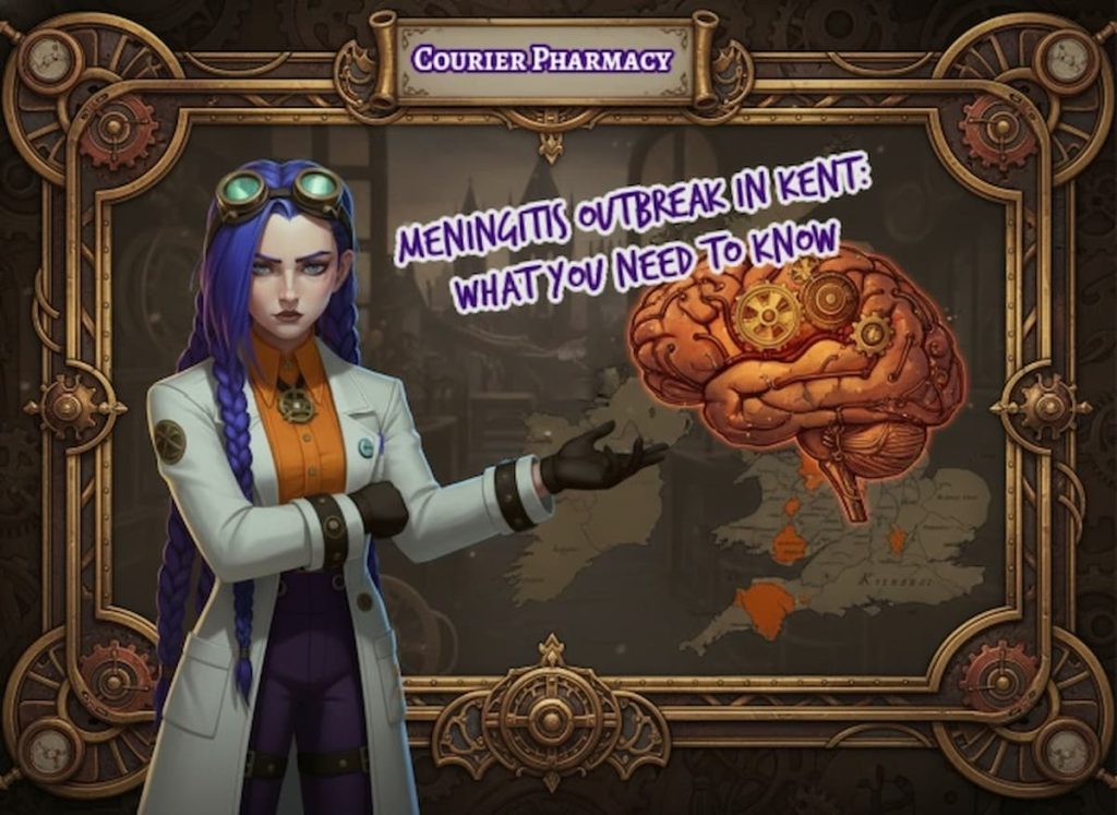 Dr Ada Jex Cori from courierpharmacy.co.uk explains the meningitis outbreak in Kent beside a medical illustration of a brain and a map of the UK in a steampunk-style pharmacy infographic.