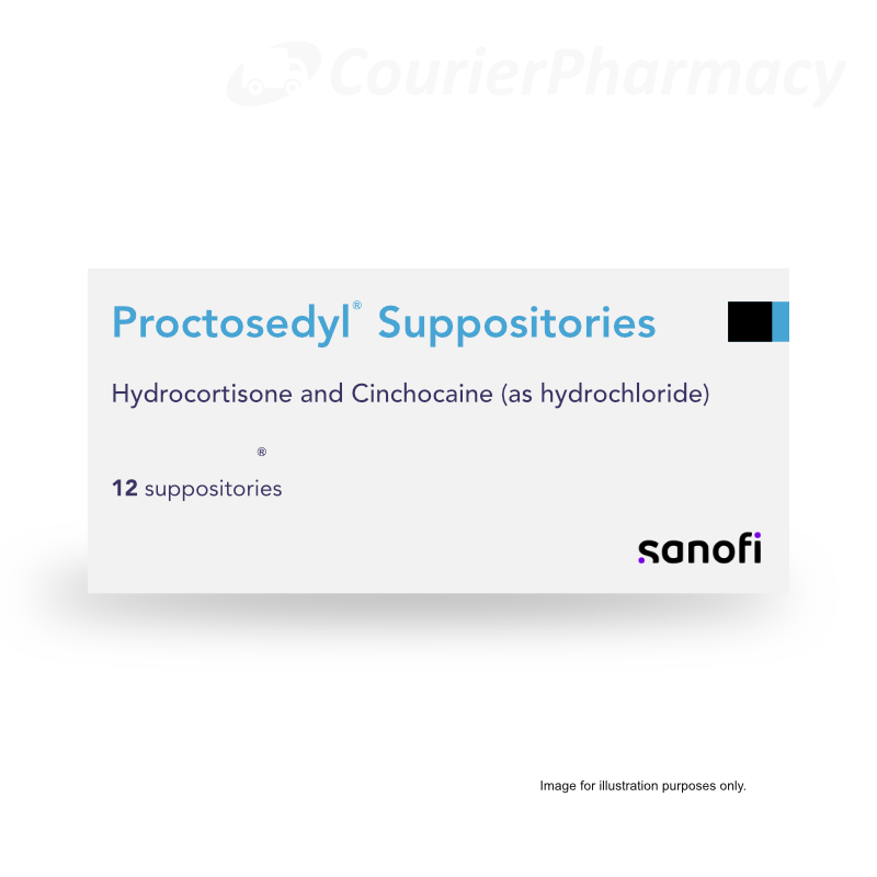 Proctosedyl suppositories box (hydrocortisone and cinchocaine) product pack shot for courierpharmacy.co.uk.