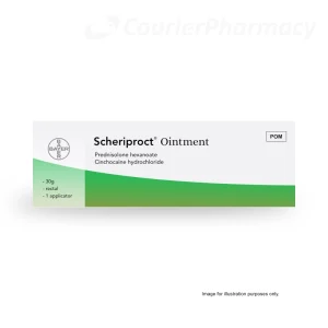 Scheriproct ointment 30g pack on a white background, prescription haemorrhoids treatment, available from courierpharmacy.co.uk.