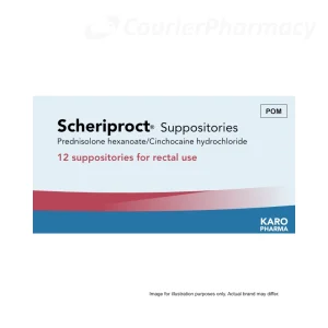 Scheriproct suppositories box on a white background, product packaging photo for piles treatment from courierpharmacy.co.uk.