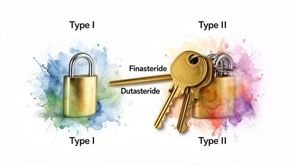 Diagram showing type I and type II 5-alpha reductase enzymes with padlock and keys, illustrating finasteride and dutasteride targets for courierpharmacy.co.uk