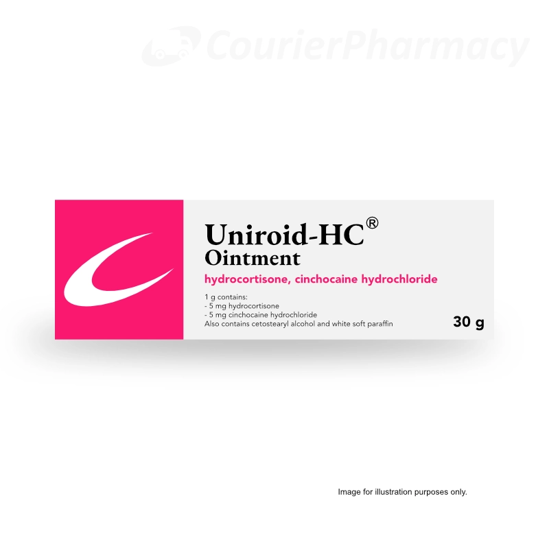 Uniroid-HC Ointment 30g pack showing hydrocortisone and cinchocaine hydrochloride, product label and branding, from courierpharmacy.co.uk