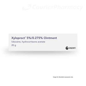 Xyloproct 5%/0.275% Ointment 20g box showing lidocaine and hydrocortisone acetate, from courierpharmacy.co.uk.