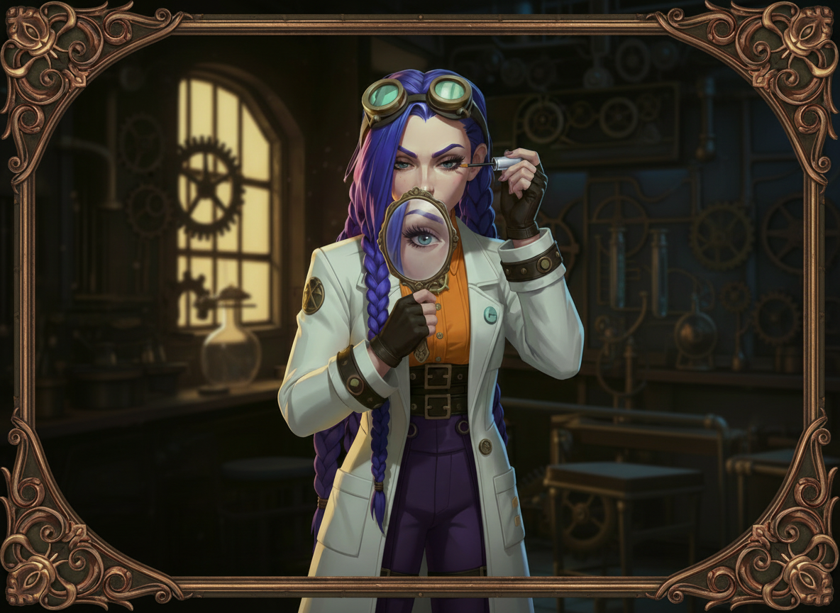 courierpharmacy.co.uk image showing Dr Ada Jex Cori demonstrating using Lumigan eye drops for eyelash hypotrichosis with a careful upper lash line applicator technique in a steampunk lab. 
