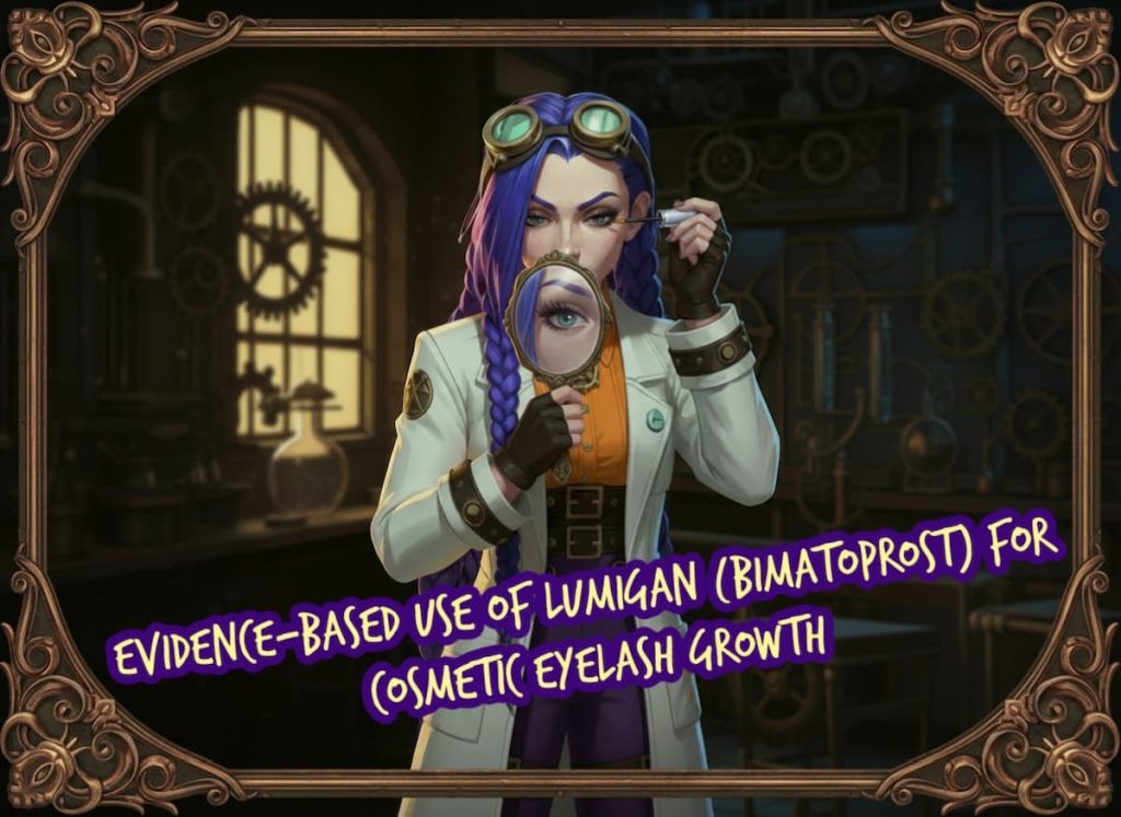 Evidenced-based eyelash growth hero image on courierpharmacy.co.uk featuring Dr Ada Jex Cori applying bimatoprost (Lumigan) to the upper lash line with an applicator brush in a steampunk lab.