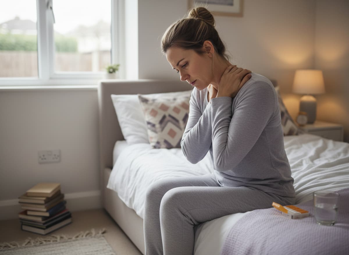 A real-life style image of a tired UK woman sitting on the edge of her bed in soft morning light, holding her shoulders and looking drained, reflecting the daily burden of fibromyalgia symptoms at courierpharmacy.co.uk.