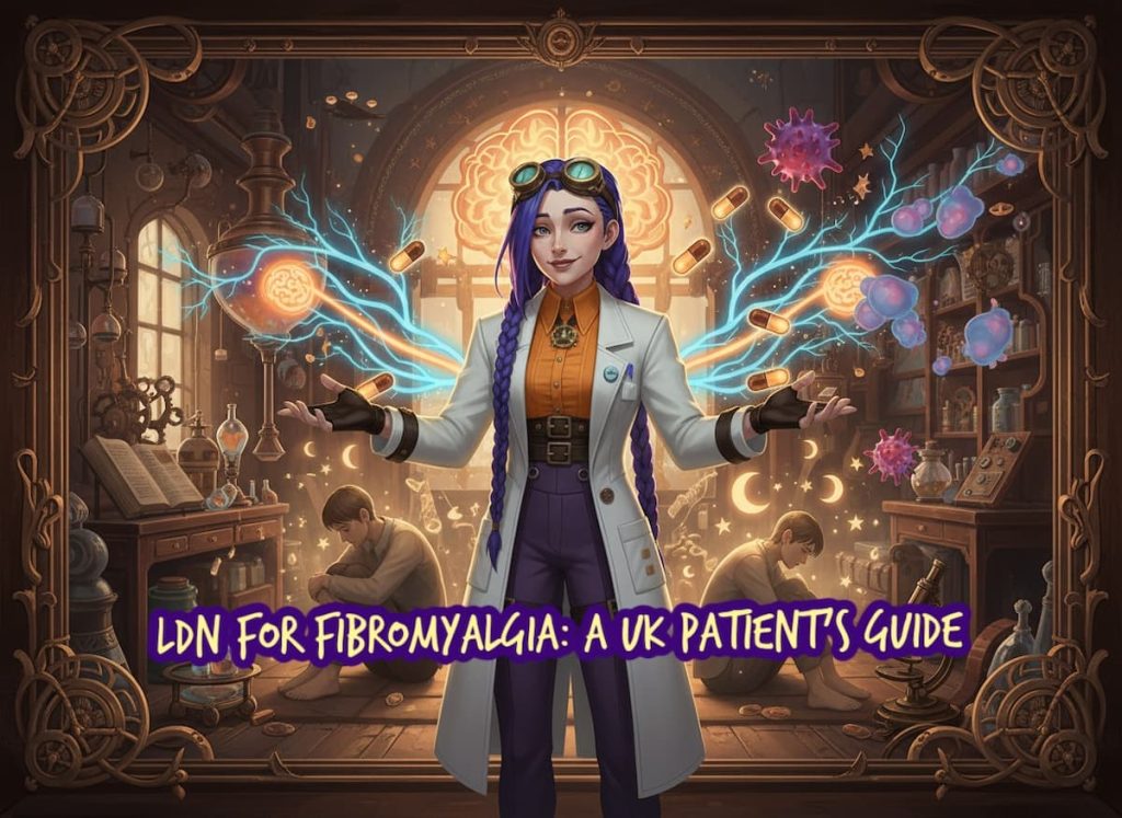 Dr Ada Jex Cori stands at the centre of a dramatic collage in a steampunk pharmacy laboratory, surrounded by glowing nerve pathways, tired patient figures, capsules, sleep imagery, and calming light to represent LDN for fibromyalgia at courierpharmacy.co.uk.