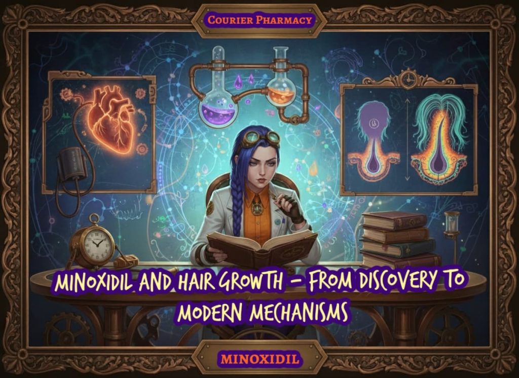 Dr Ada Jex Cori in a hero infographic for courierpharmacy.co.uk explaining minoxidil and hair growth, from discovery to modern mechanisms.