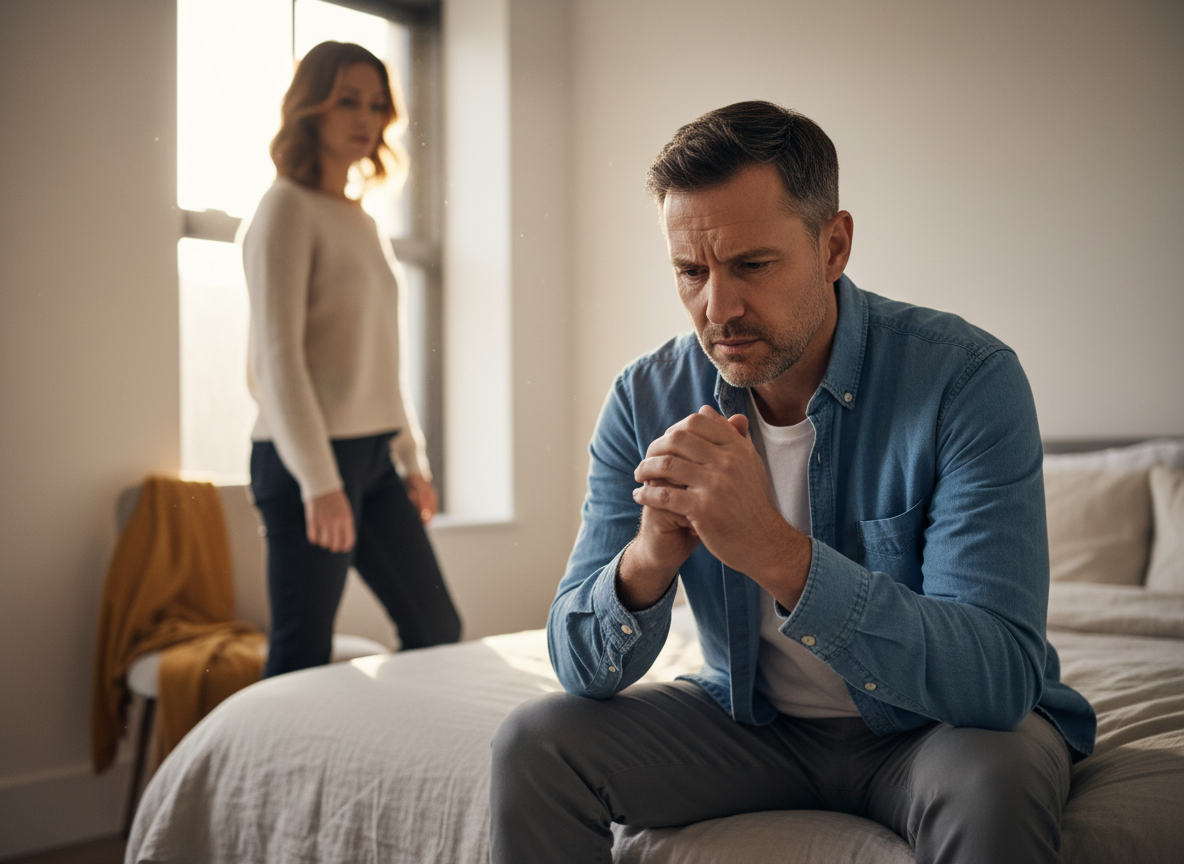 Real-life editorial photo-style image showing a man feeling frustrated and low-confidence about erectile difficulties in everyday UK life, for courierpharmacy.co.uk.