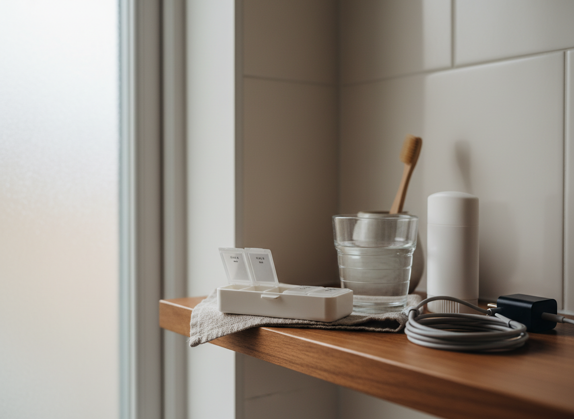 Real-life image of a discreet daily routine moment for taking a once-daily tablet, reflecting tadalafil 5mg adherence for courierpharmacy.co.uk.
