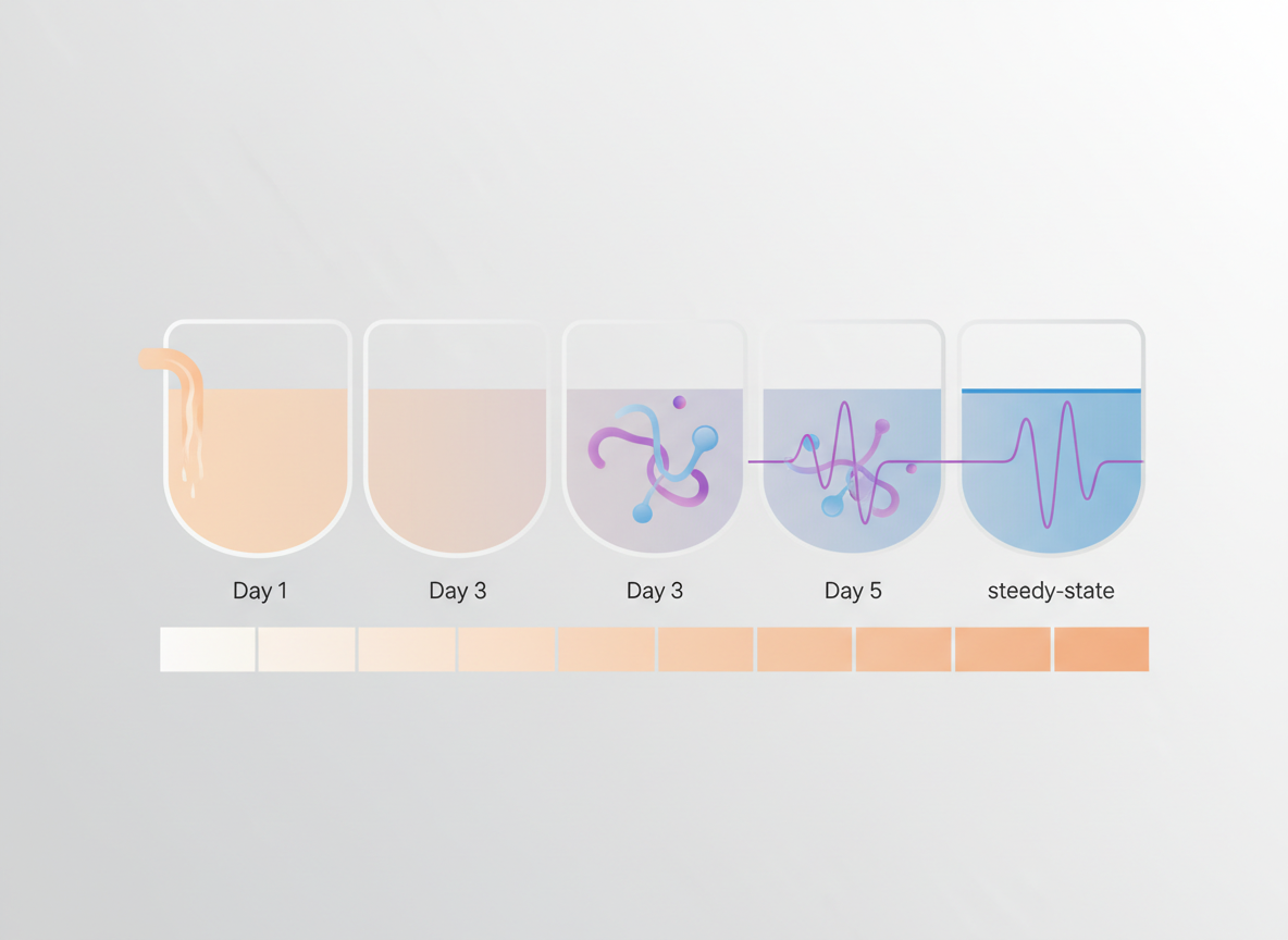 Technical infographic-style image showing daily tadalafil 5mg building to a steadier level over several days, designed for courierpharmacy.co.uk.
