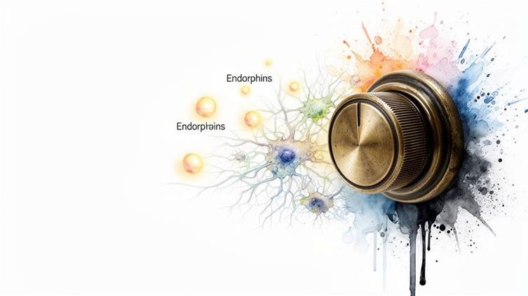 A brass thermostat dial beside glowing endorphin signals and branching nerve-like patterns, illustrating how Low-Dose Naltrexone may help regulate pain pathways and support natural endorphin activity at courierpharmacy.co.uk.