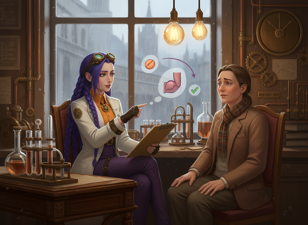 Dr Ada Jex Cori sits with a patient in her steampunk laboratory, using a clipboard and simple icons to talk through statin use, digestion, and a safe review plan. This courierpharmacy.co.uk image shows a calm consultation and reassurance moment.