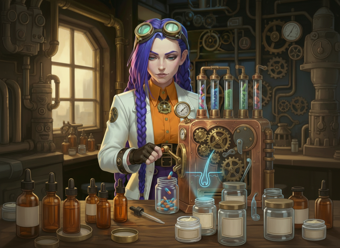 Compounded Capsules and Personalised Medicine (Pharmacy Compounding) | courierpharmacy.co.uk | Dr Ada Jex Cori Dr Ada Jex Cori prepares personalised capsules at a compounding bench in her steampunk laboratory, with jars, droppers, and a capsule-filling machine shown for a Courier Pharmacy guide on courierpharmacy.co.uk.