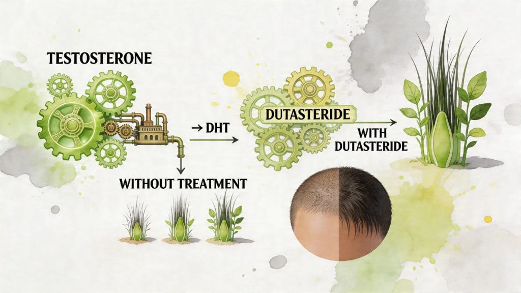 Diagram showing testosterone converting to DHT and how dutasteride reduces DHT effects on hair follicles for hair loss on courierpharmacy.co.uk
