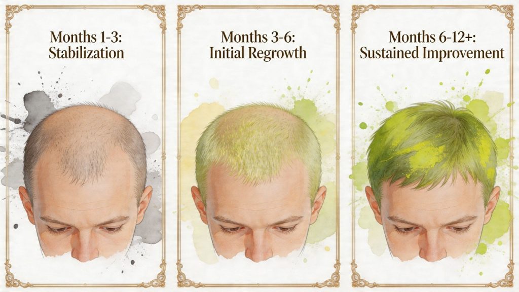 Timeline image showing hair loss treatment progress over months from stabilisation to regrowth and sustained improvement for dutasteride hair loss guidance on courierpharmacy.co.uk