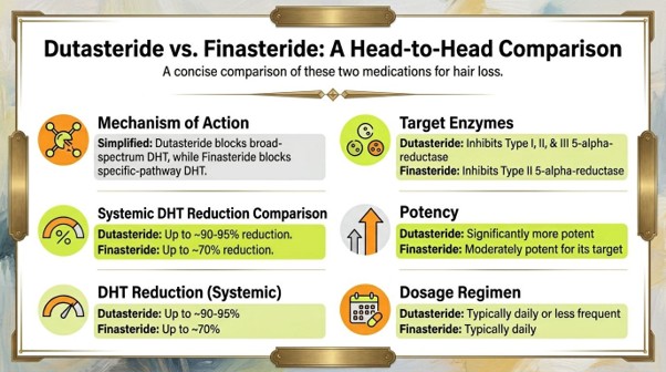 Comparison chart showing dutasteride vs finasteride for hair loss including mechanism, target enzymes, potency and DHT reduction on courierpharmacy.co.uk