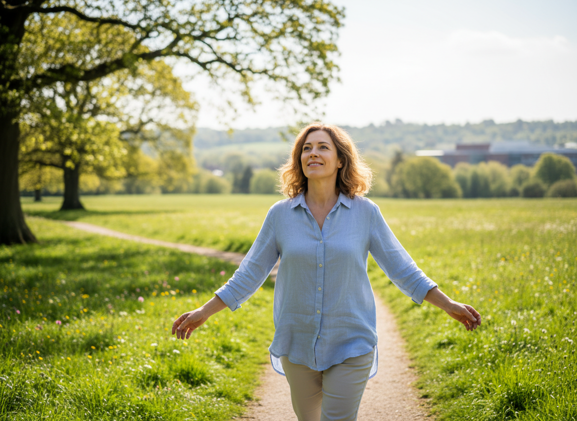 A woman walks along a countryside path on a bright day, looking relaxed and confident, with open green fields and trees behind her. This image for courierpharmacy.co.uk represents feeling more like yourself again after getting clear health advice and a routine you can stick to.