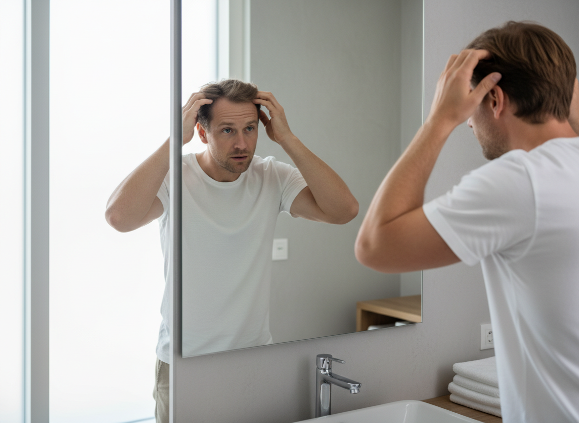 Noticing Hair Thinning in the Mirror (Male Pattern Hair Loss) | courierpharmacy.co.uk | Dr Ada Jex Cori A man looks worried while checking his hairline in a bathroom mirror, showing the everyday frustration that can come with male pattern hair loss, for a dutasteride hair loss guide on courierpharmacy.co.uk.