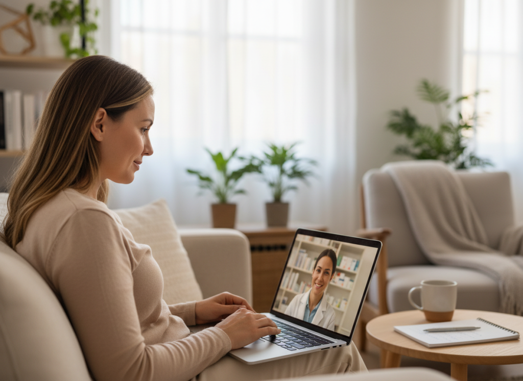 A woman sits at home using a laptop for a video call with a pharmacist, with a notebook and pen nearby for taking notes. This image for courierpharmacy.co.uk shows getting personalised advice before deciding whether CoQ10 fits your medicines and symptoms.