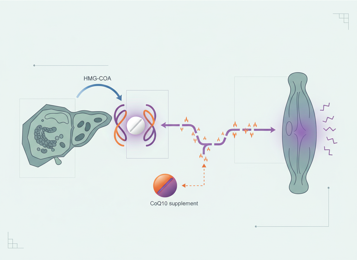 A simple pathway diagram shows the liver and the HMG?CoA step, a statin “block” effect, and a downstream link to muscle symptoms, with a CoQ10 supplement shown as an add-on option. This technical image is for courierpharmacy.co.uk.
