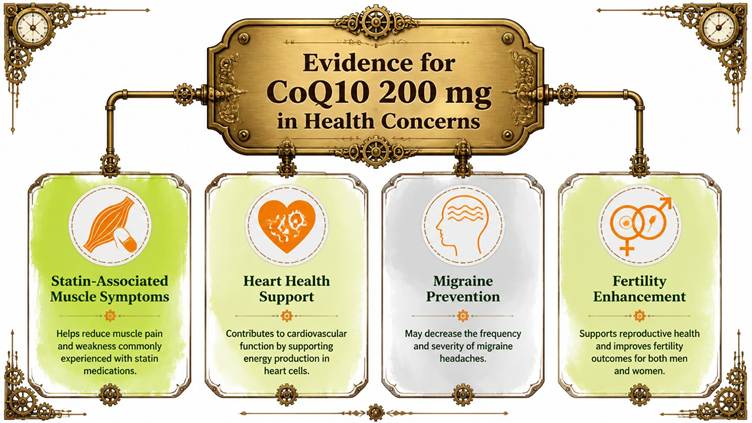 A framed infographic shows four panels summarising where CoQ10 200 mg is commonly discussed, including statin-associated muscle symptoms, heart health support, migraine prevention, and fertility support. This image is for courierpharmacy.co.uk.