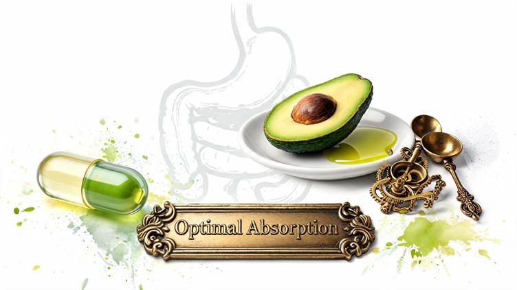 A green CoQ10 capsule is shown beside half an avocado and a small dish of olive oil, with a faint outline of the stomach in the background. This image for courierpharmacy.co.uk illustrates taking CoQ10 with food to support absorption.