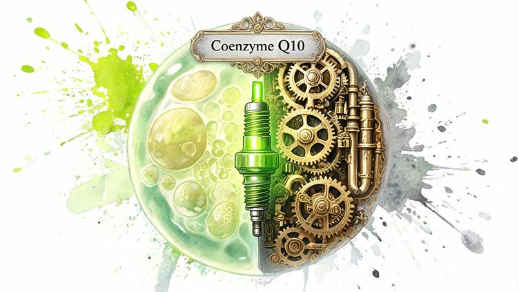 A split illustration shows a green spark plug inside a circular shape, with one half looking like a living cell and the other half made of brass gears and pipes. This image for courierpharmacy.co.uk represents how coenzyme Q10 supports cellular energy.