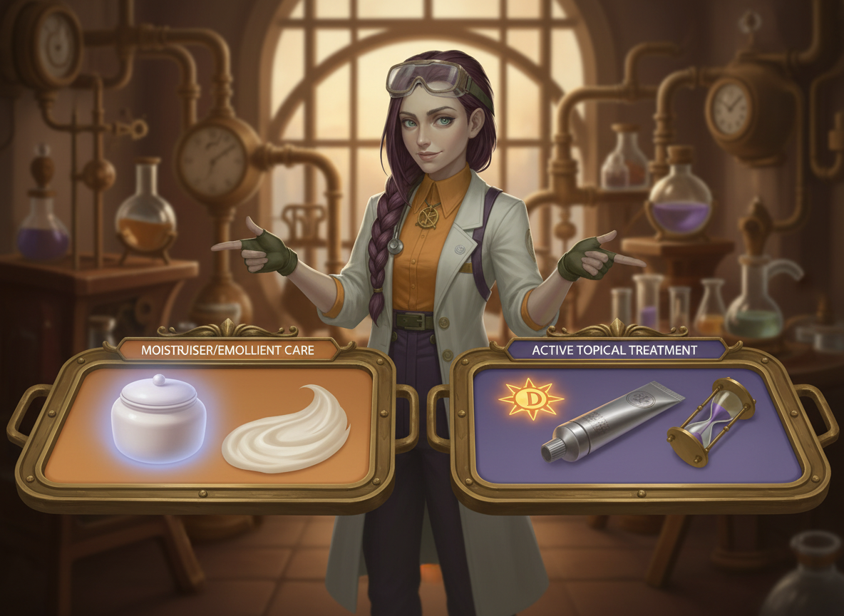 Dr Ada Jex Cori comparing moisturisers and active topical treatments for psoriasis using symbolic objects in a steampunk lab for courierpharmacy.co.uk.