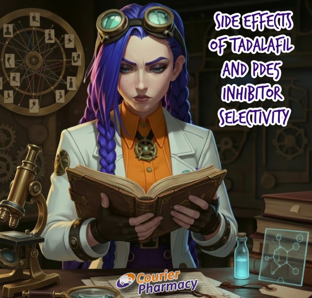 Dr Ada Jex Cori reads a medical reference book in a steampunk laboratory, introducing a comprehensive literature review on tadalafil side effects and PDE5 inhibitor selectivity at courierpharmacy.co.uk.