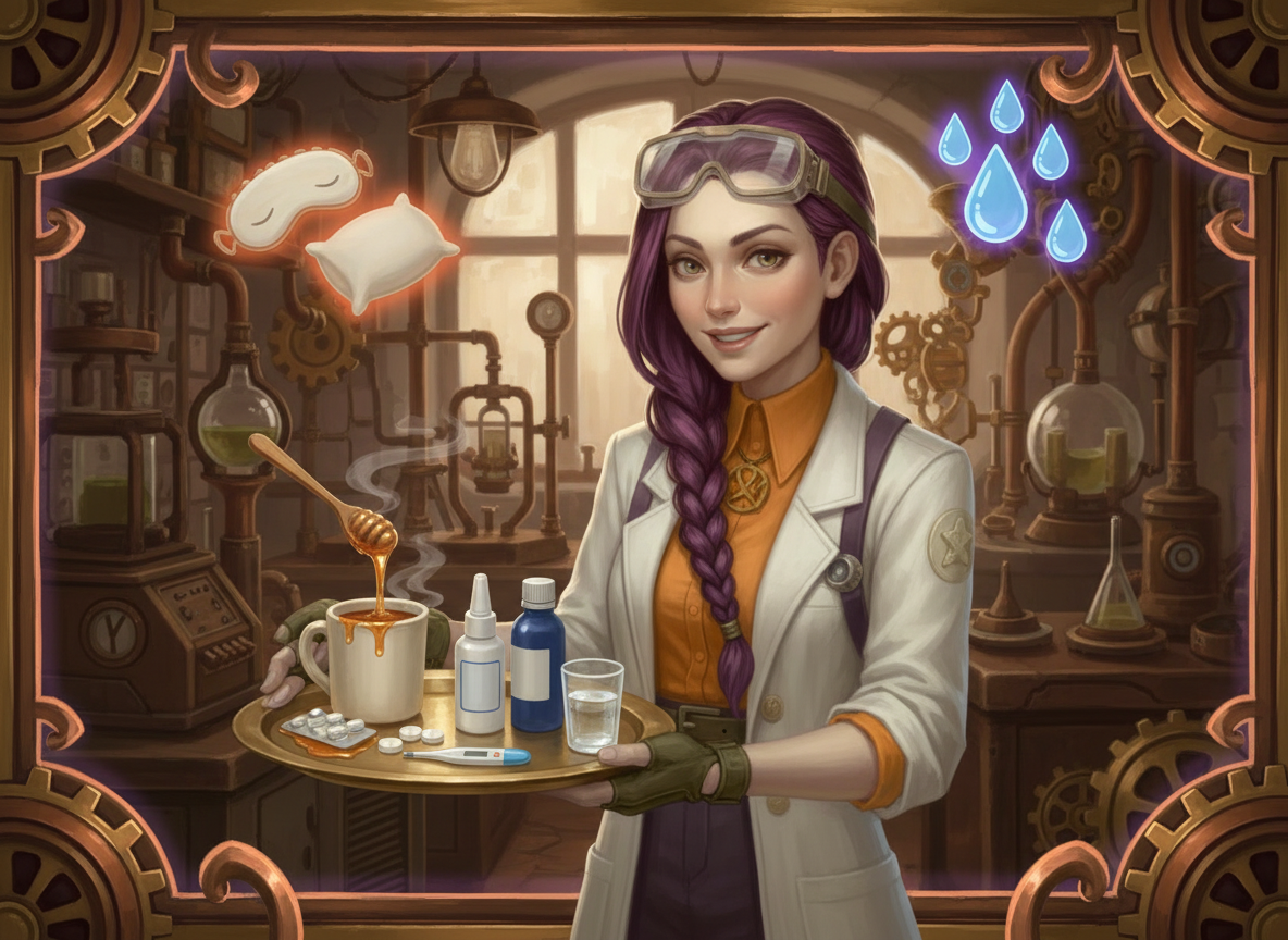 Dr Ada Jex Cori for courierpharmacy.co.uk presenting a self-care toolkit for coughs and colds including honey, warm drinks, saline spray, thermometer, tissues and generic tablets.